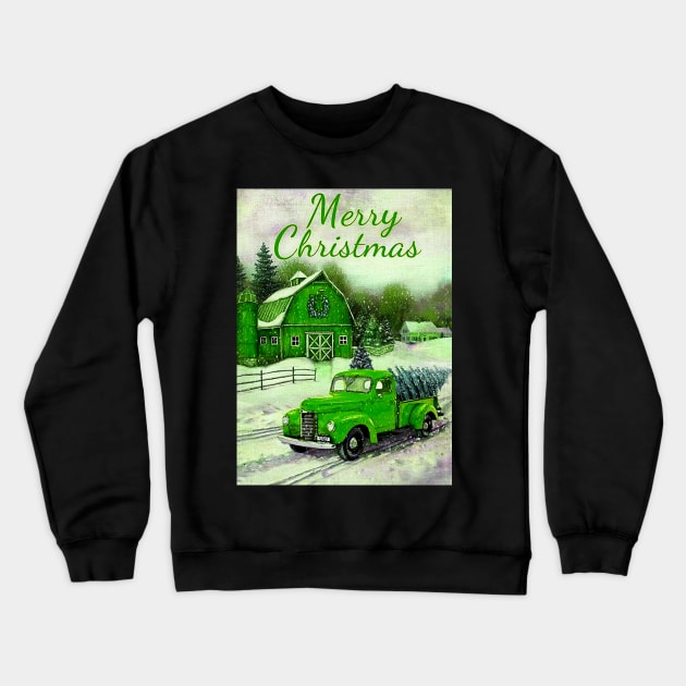 Green barn retro car Christmas tree - Merry Christmas Crewneck Sweatshirt by LukjanovArt